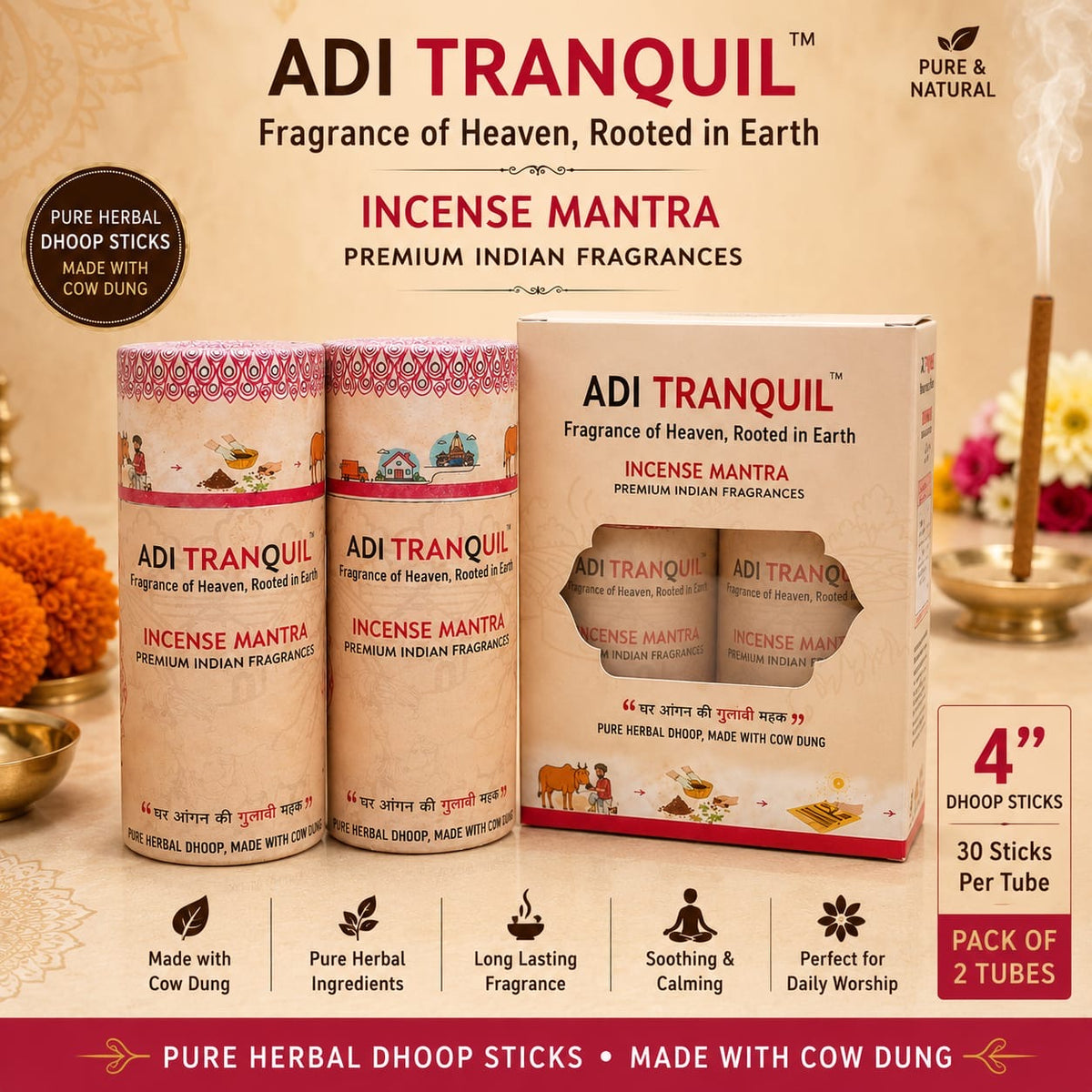 ADI TRANQUIL Incense Mantra - Pure Herbal Dhoop Sticks (Pack of 2 Tubes, 30 Sticks Each)